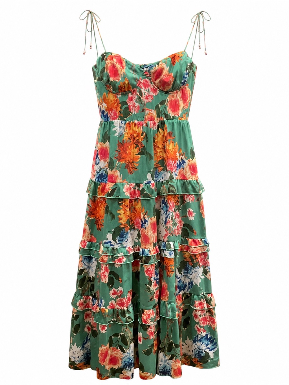 Harlyn Floral Bustier Tiered Ruffle Maxi Dress Sage Green Size S - Picture 2 of 8